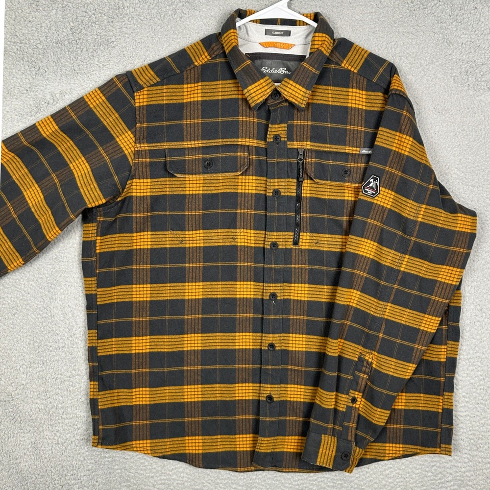Eddie Bauer Shirt Mens 2XL Mountain Ops Yellow Grey Plaid Flannel Zip Pocket EUC